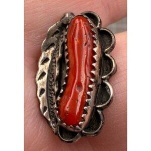 Vintage Southwestern Pendant Sterling Silver Red Coral Nugget 7/8" x 1/2"